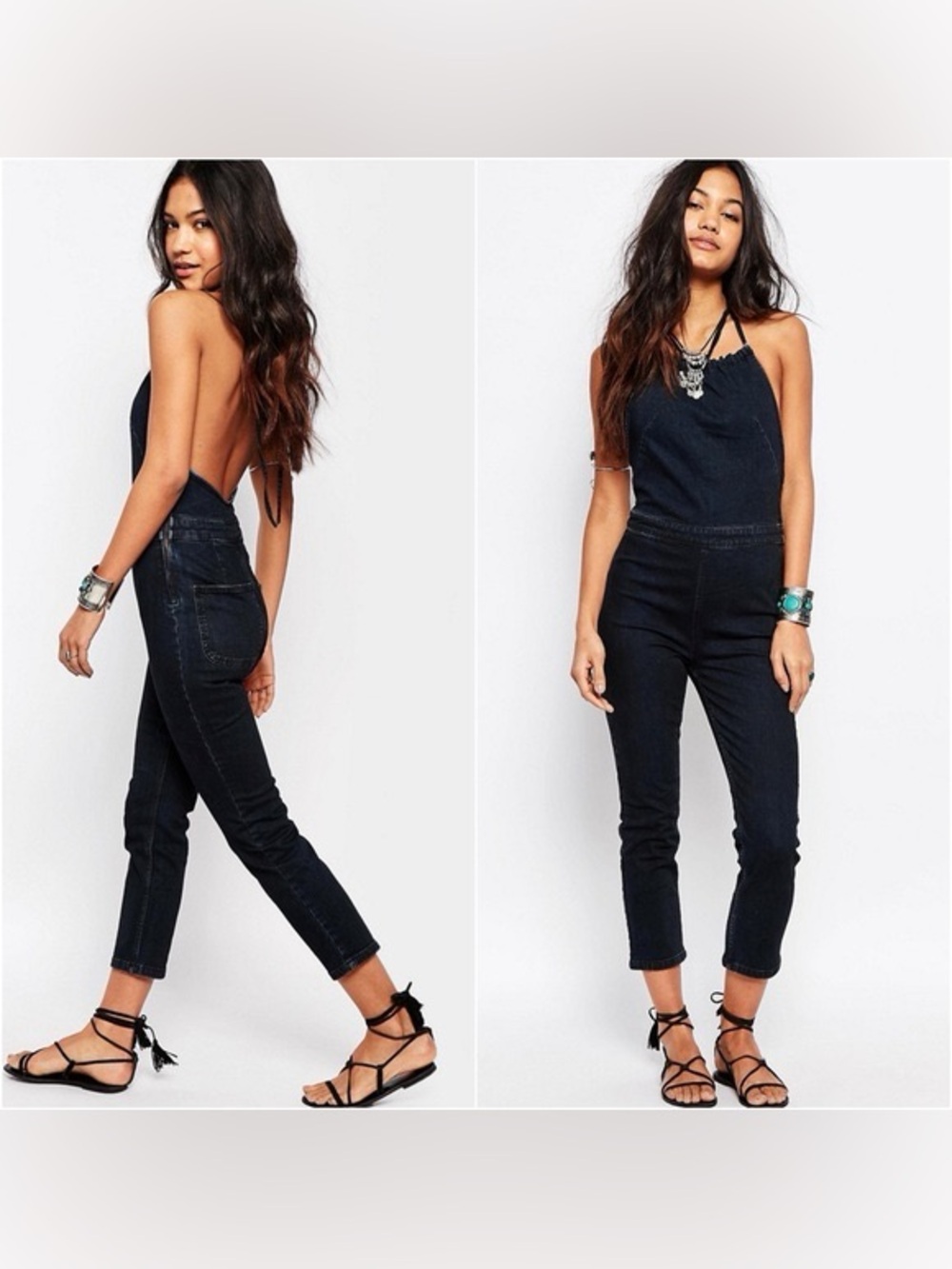 NWT Free People Hearts On Fire Halterall Tijuana Denim Jumpsuit Overalls Size 0